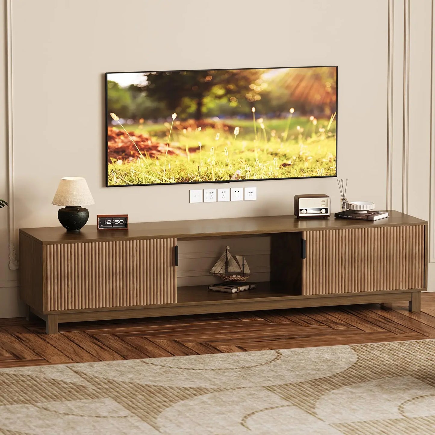HiMISS Mid Century Fluted Wood TV Stand With Adjustable Shelves