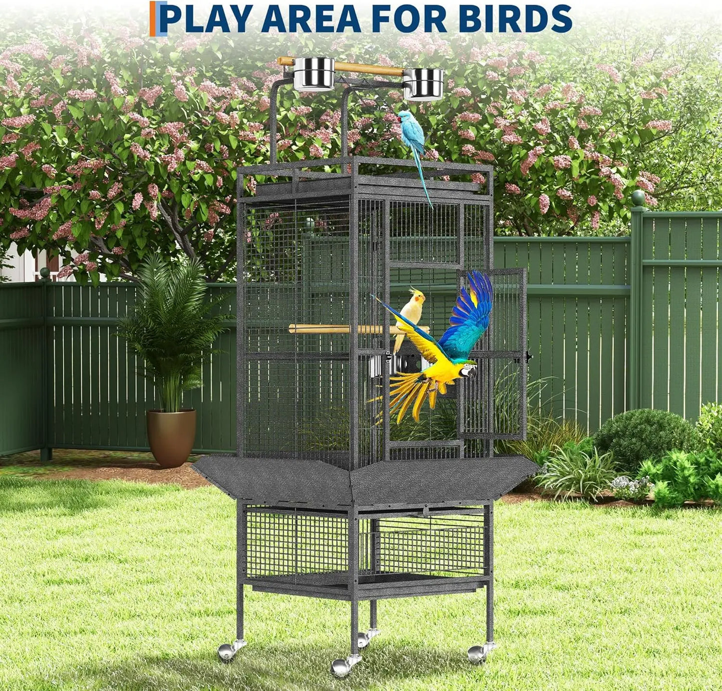 HiMISS Metal Bird Cage With Play Top And Swivel Wheels