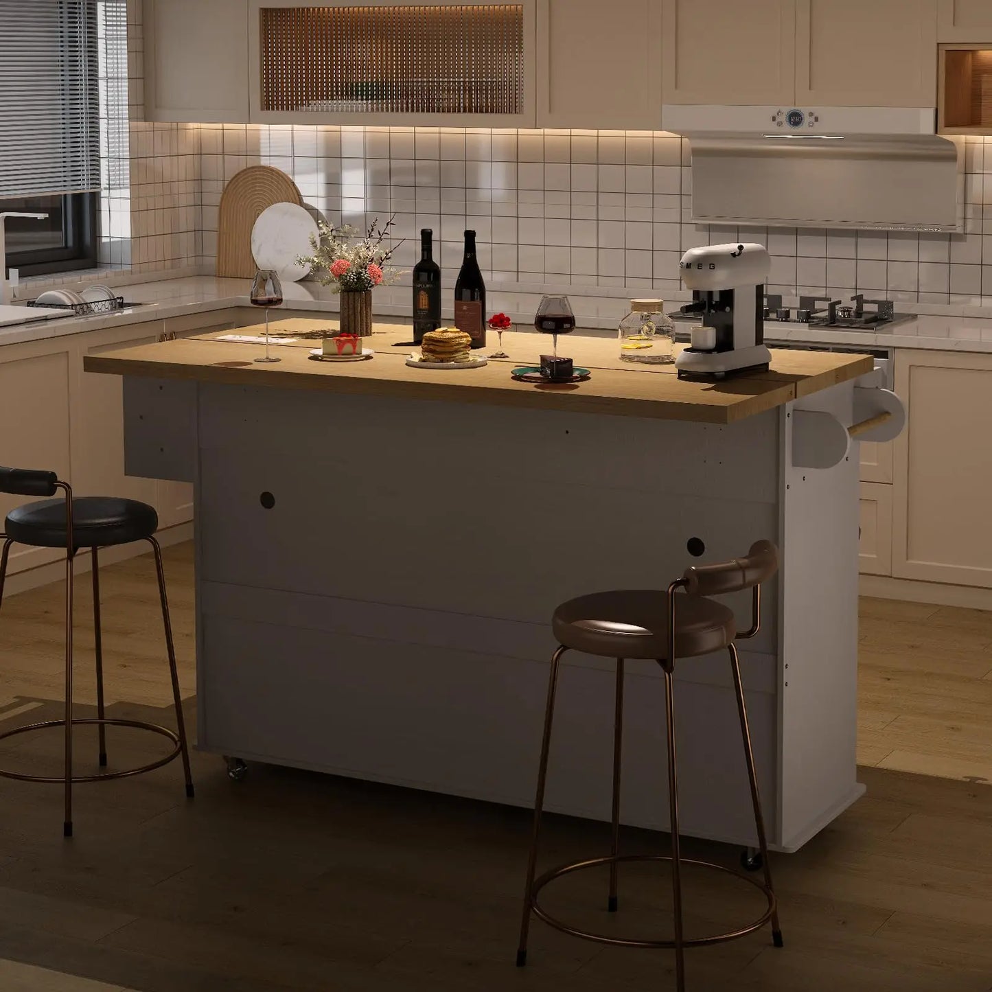 ONBRILL Mobile Kitchen Island with Power Outlet and Spice Rack