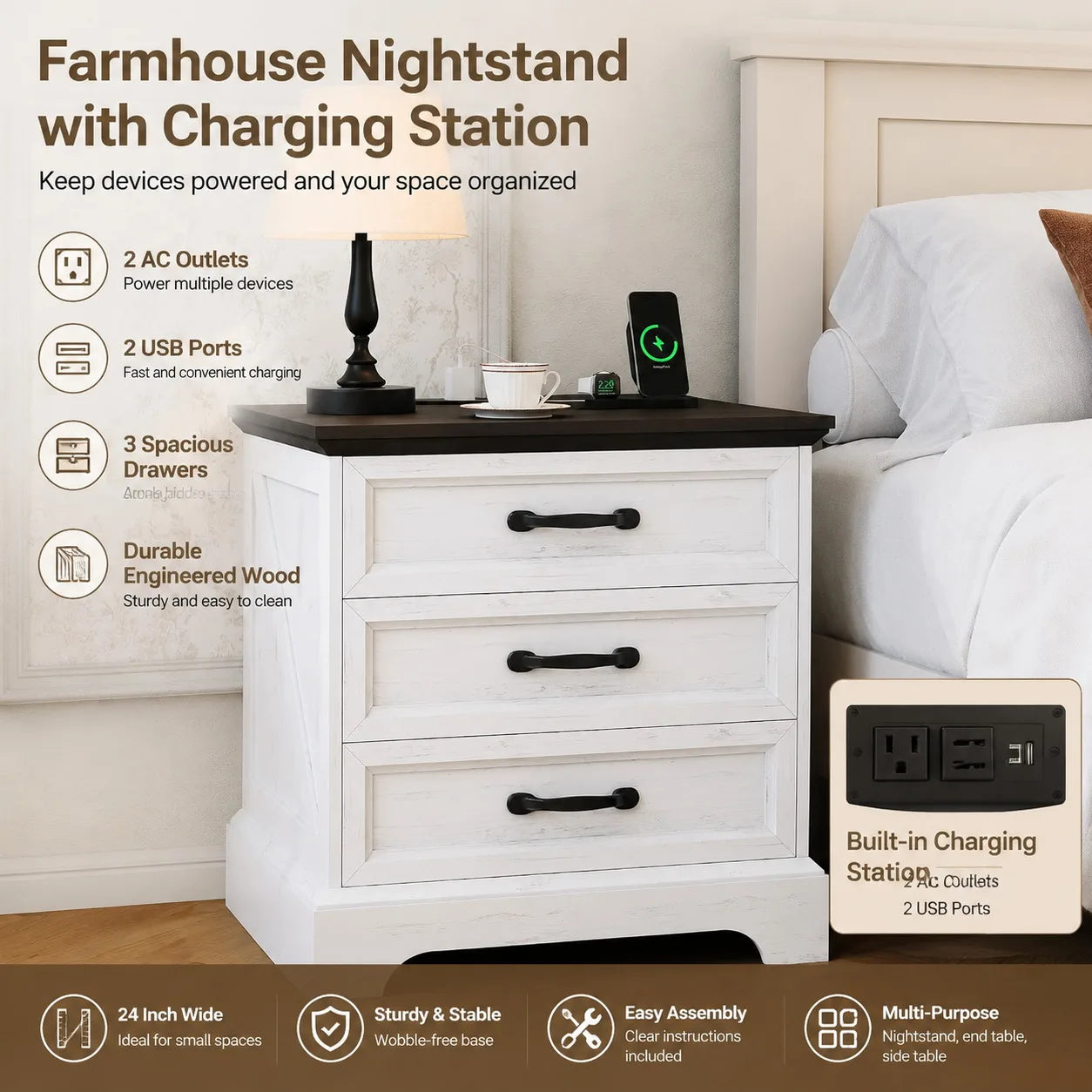 Modern Farmhouse Nightstand With Three Drawers And USB Charging
