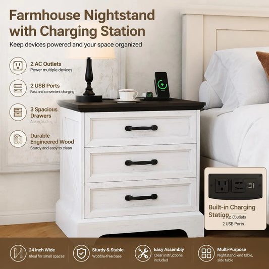 Modern Farmhouse Nightstand With Three Drawers And USB Charging