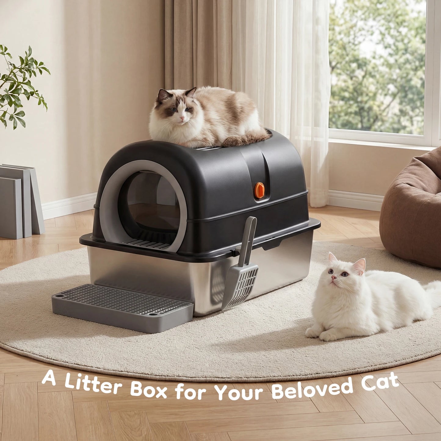 JHK Stainless Steel Enclosed Cat Litter Box Scoop Included