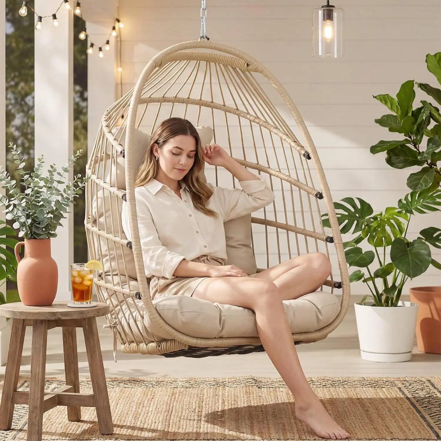 Outdoor Hanging Egg Chair Without Stand With Cushioned Seat