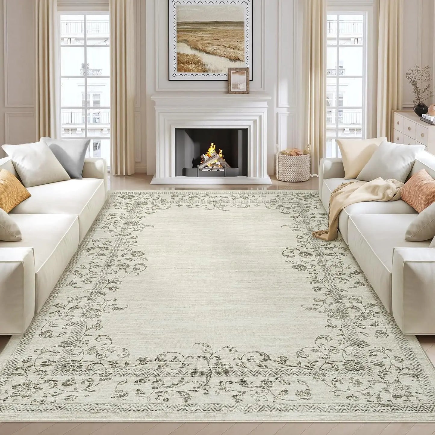 HiMISS Floral Bordered Washable Area Rug For Living Room