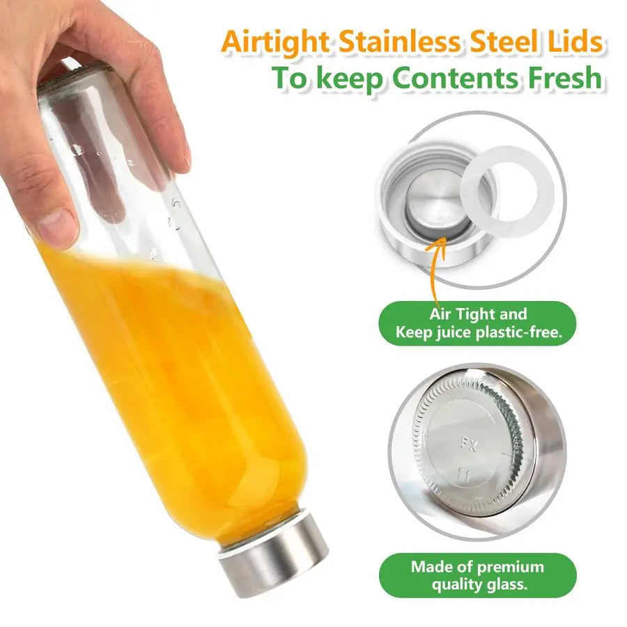 Glass Water Bottles With Lids Leak Proof Stainless Steel Cap