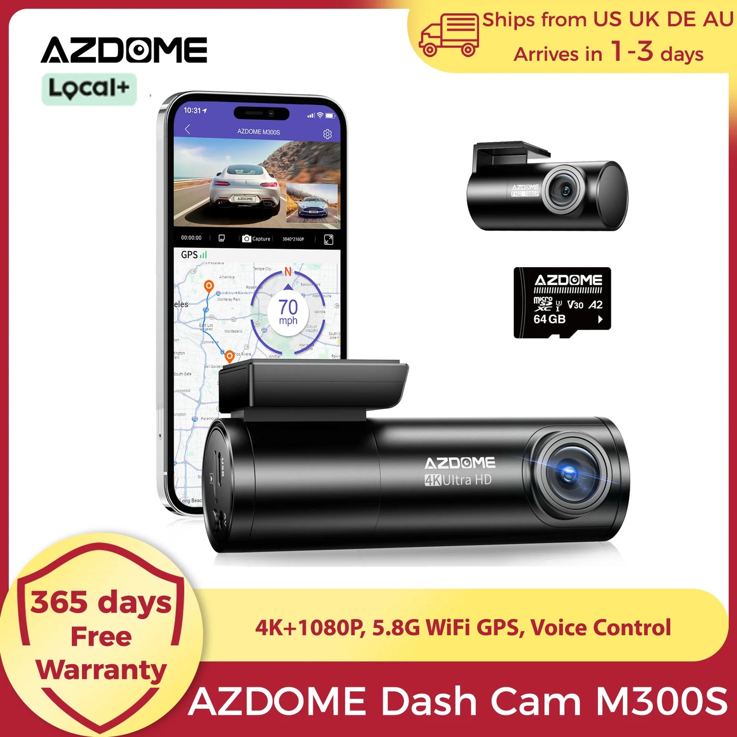 AZDOME M300S 4K Dash Cam Front Rear Night-Vision GPS WiFi