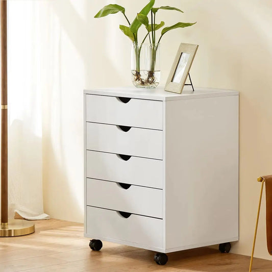 JHK Wood Nightstand 5 Drawer Storage Organizer With Wheels
