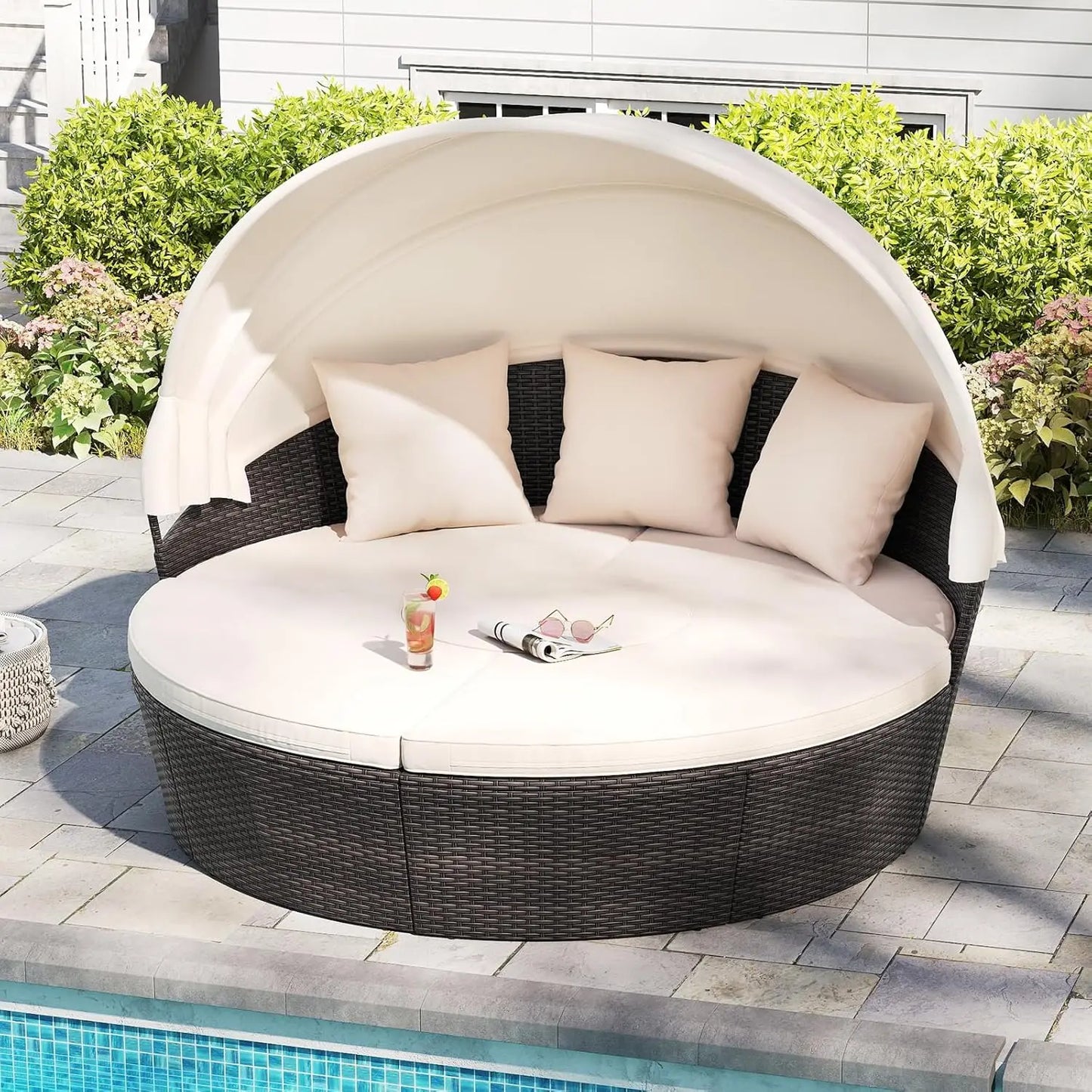 Patio Round Daybed With Retractable Canopy And Center Table