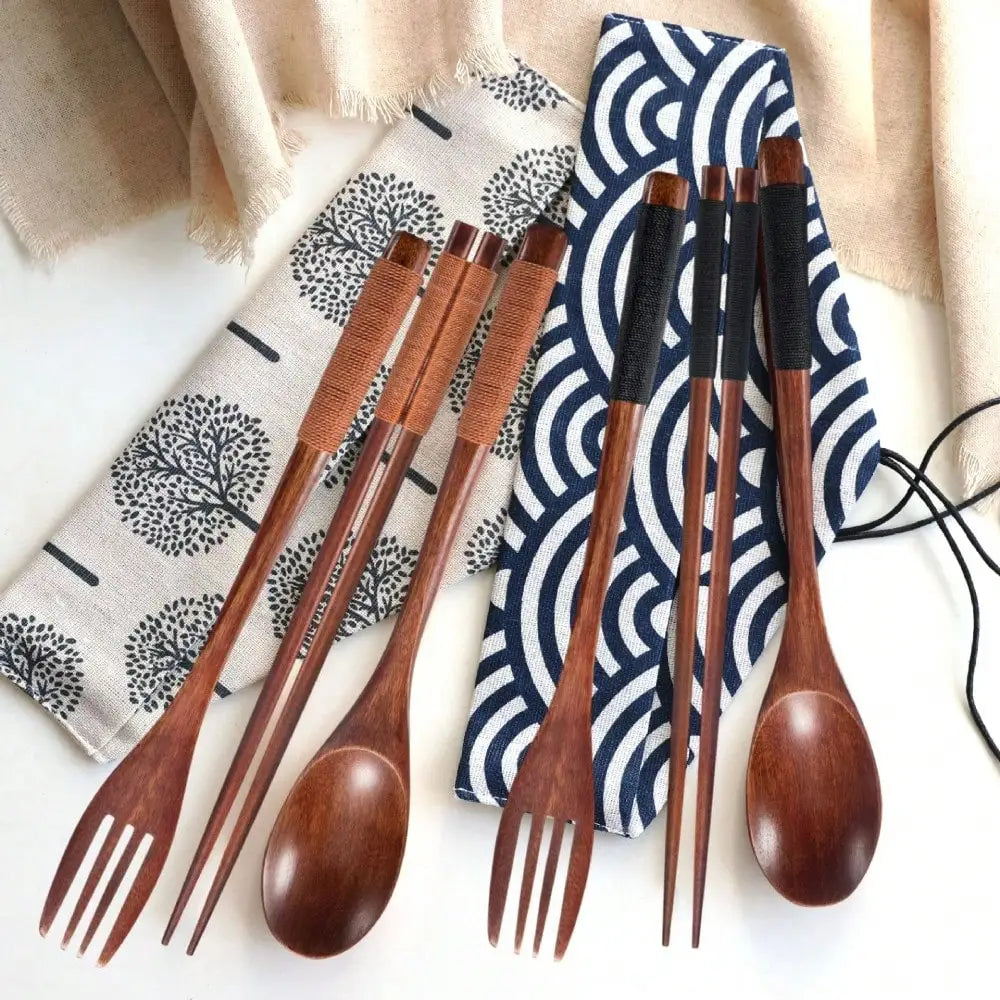 Wooden Flatware Set With Cloth Bag Two Sets Spoon Fork Chopsticks