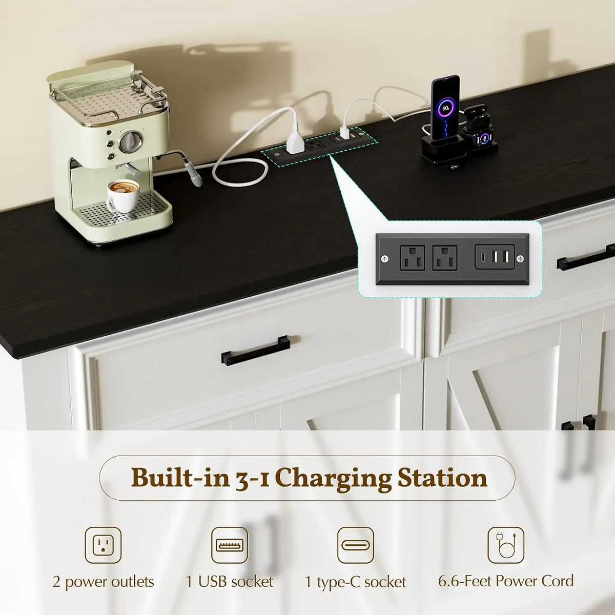 Farmhouse Buffet Cabinet With Charging Station And Adjustable Shelves