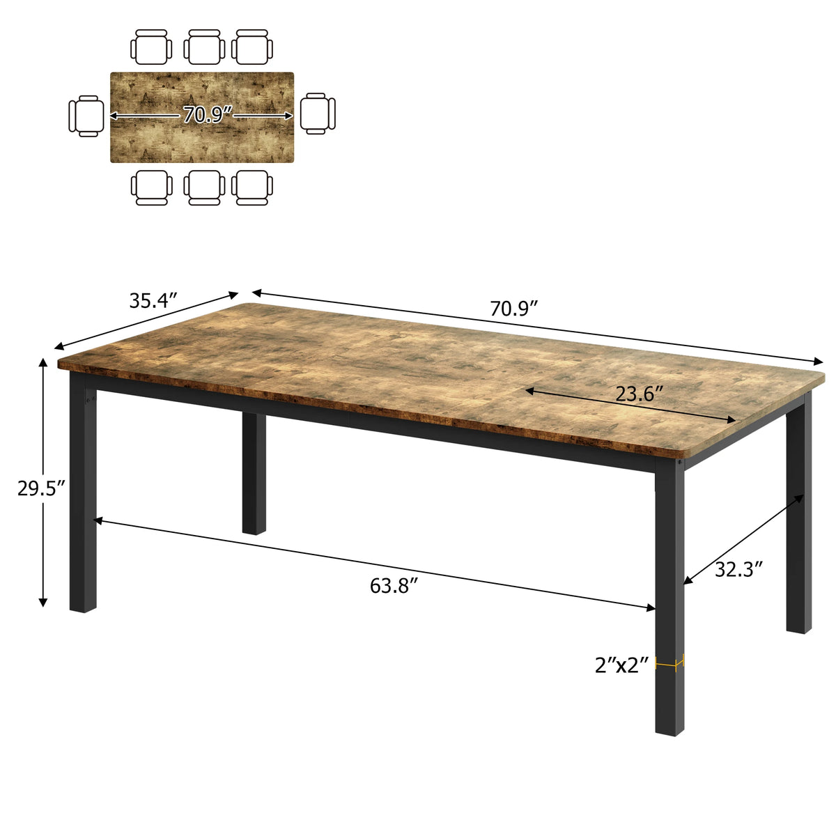 EliteZ Farmhouse Wooden Dining Table With Sturdy Metal Frame