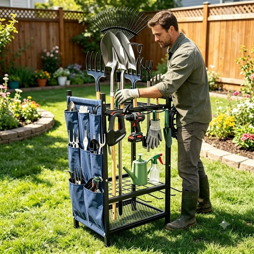 Heavy Duty Garden Tool Storage Organizer Freestanding Garage Tool Rack
