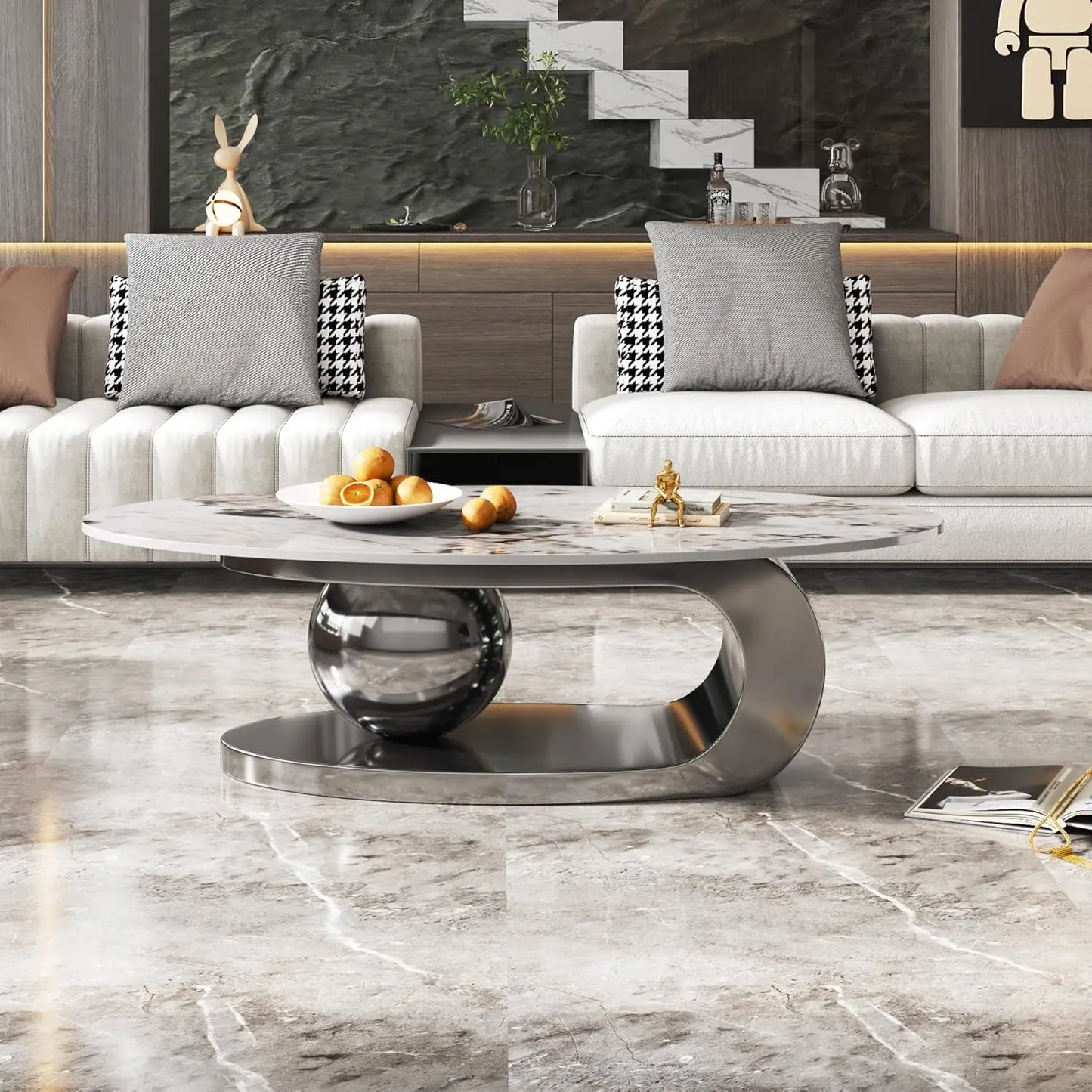 Modern Coffee Table Stainless Steel Pedestal And Faux Stone Top
