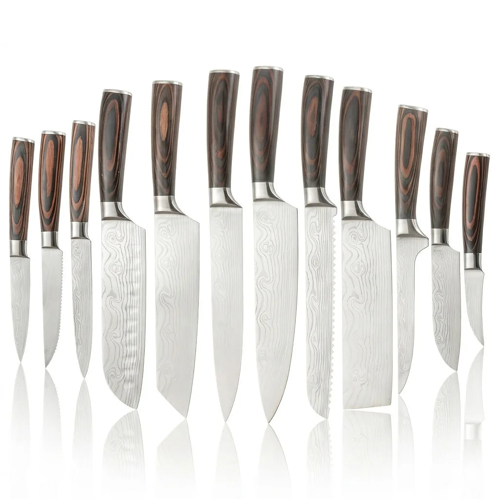 Professional 12 Piece Kitchen Knife Set With Damascus Pattern Stainless Steel