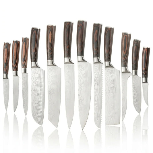 Professional 12 Piece Kitchen Knife Set With Damascus Pattern Stainless Steel