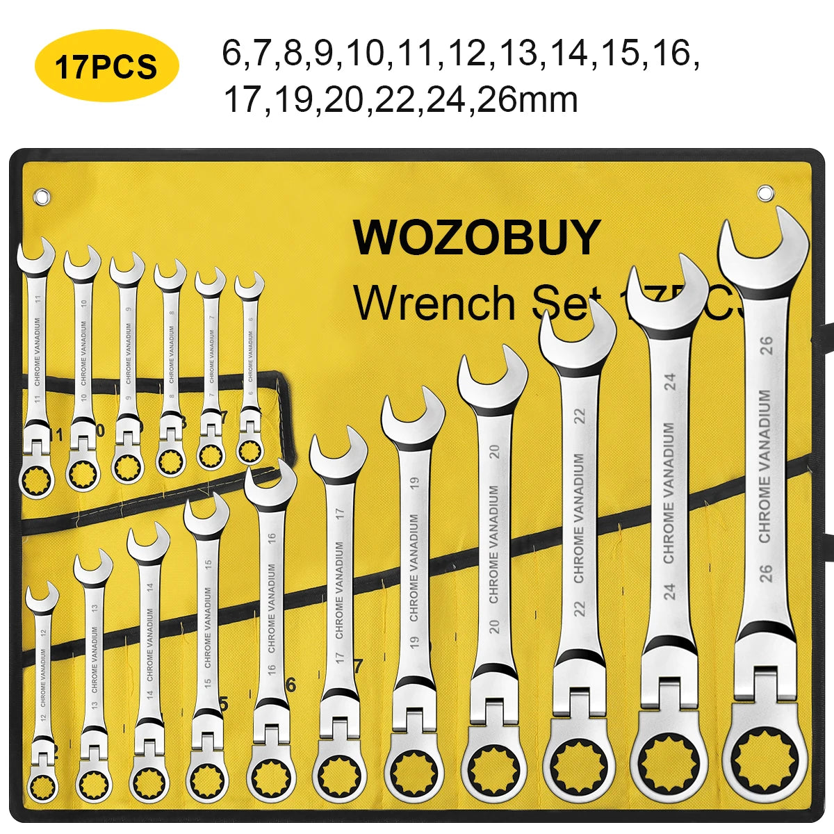WOZOBUY Flex-Head Ratchet Wrench Set Cr-V Steel With Rolling Pouch