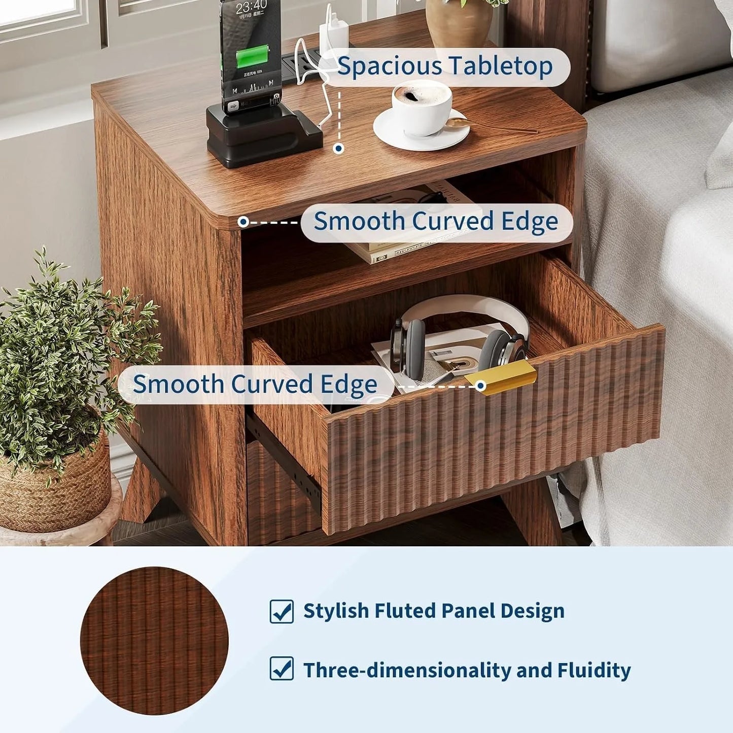 Modern Fluted Nightstand With Drawer And USB Charging