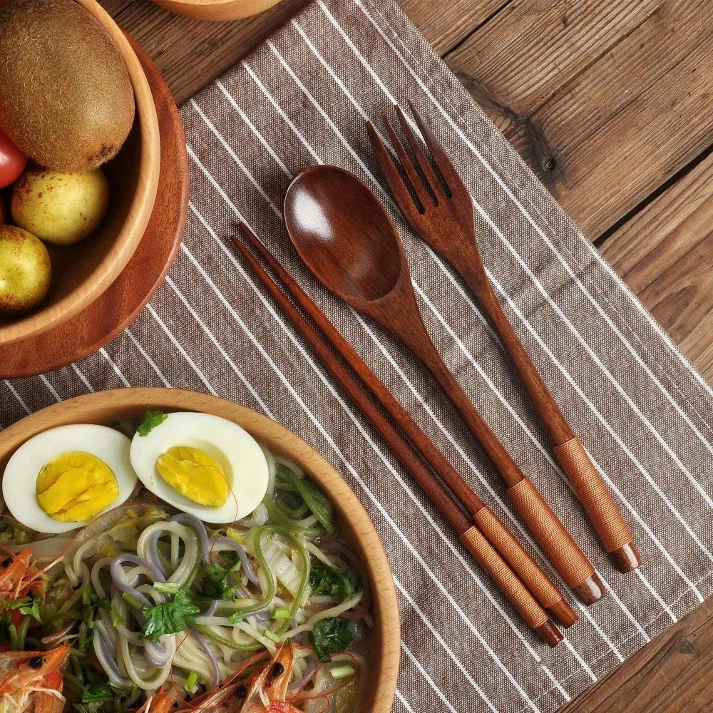 Wooden Flatware Set With Cloth Bag Two Sets Spoon Fork Chopsticks