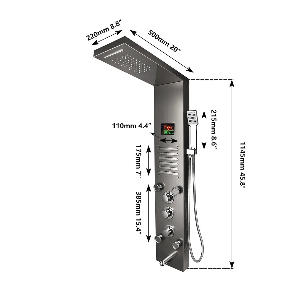 MEKKHALA LED Shower Panel With Rainfall Body Jets Digital Display