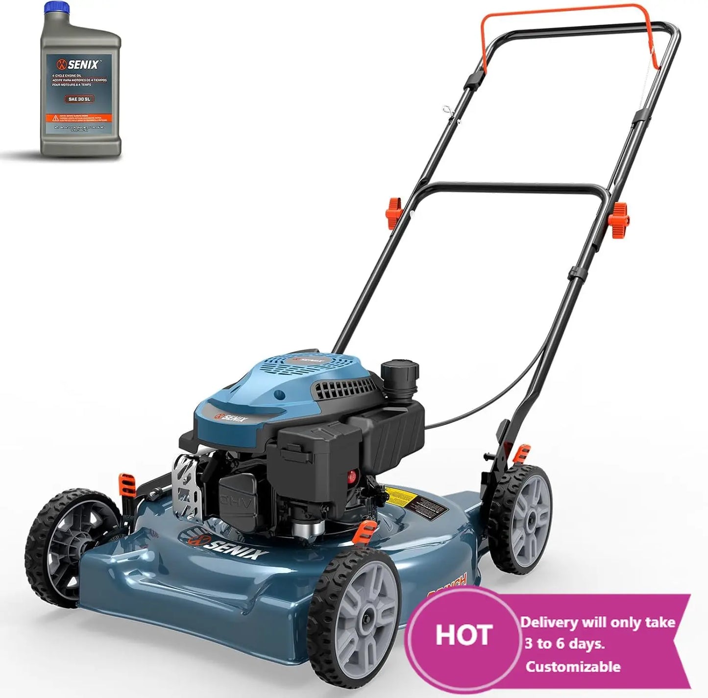 Gas Powered Lawn Mower With Side Discharge And Five Position Height Adjustment