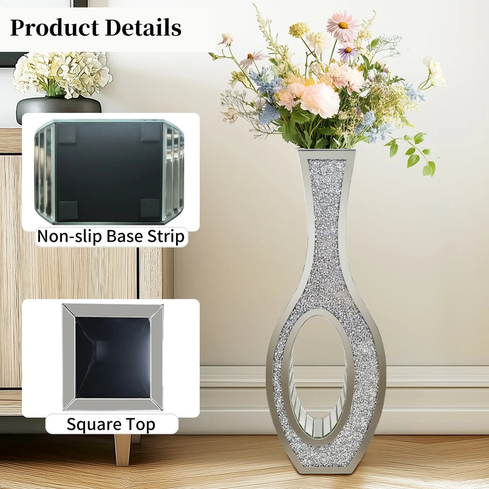Tall Silver Mirrored Crush Diamond Floor Grass Vase