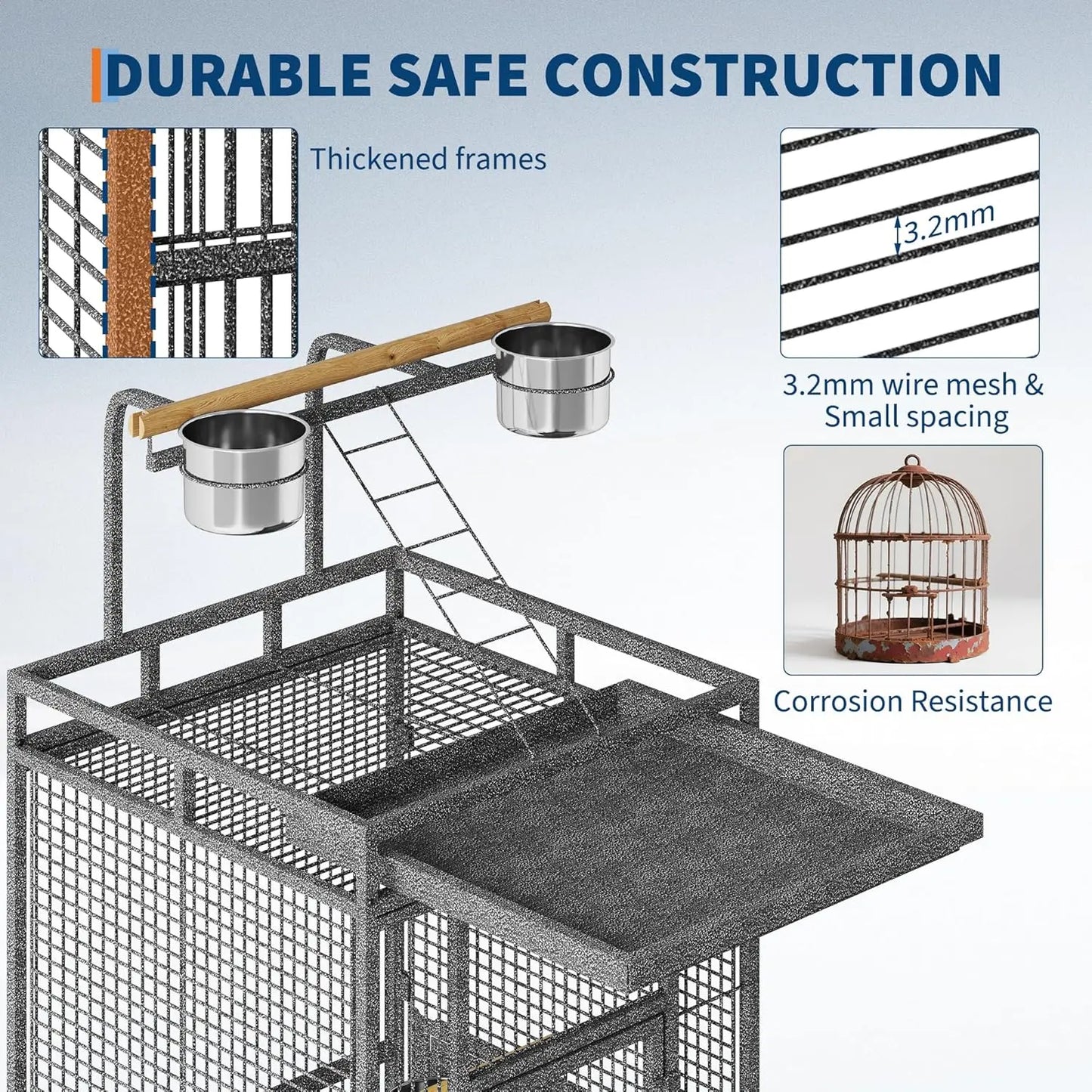 HiMISS Metal Bird Cage With Play Top And Swivel Wheels