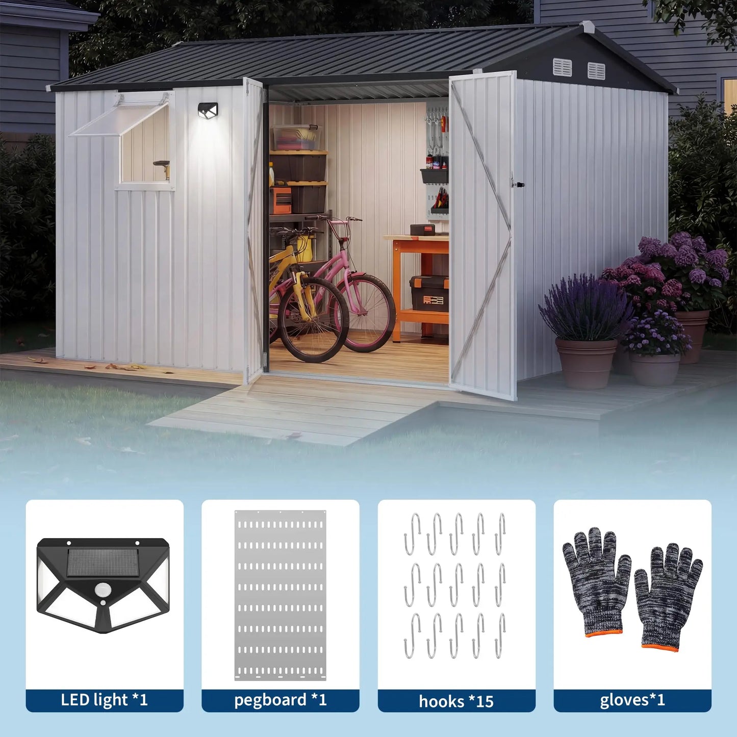 HiMISS Steel Garden Storage Shed Lockable Doors With Sloped Roof