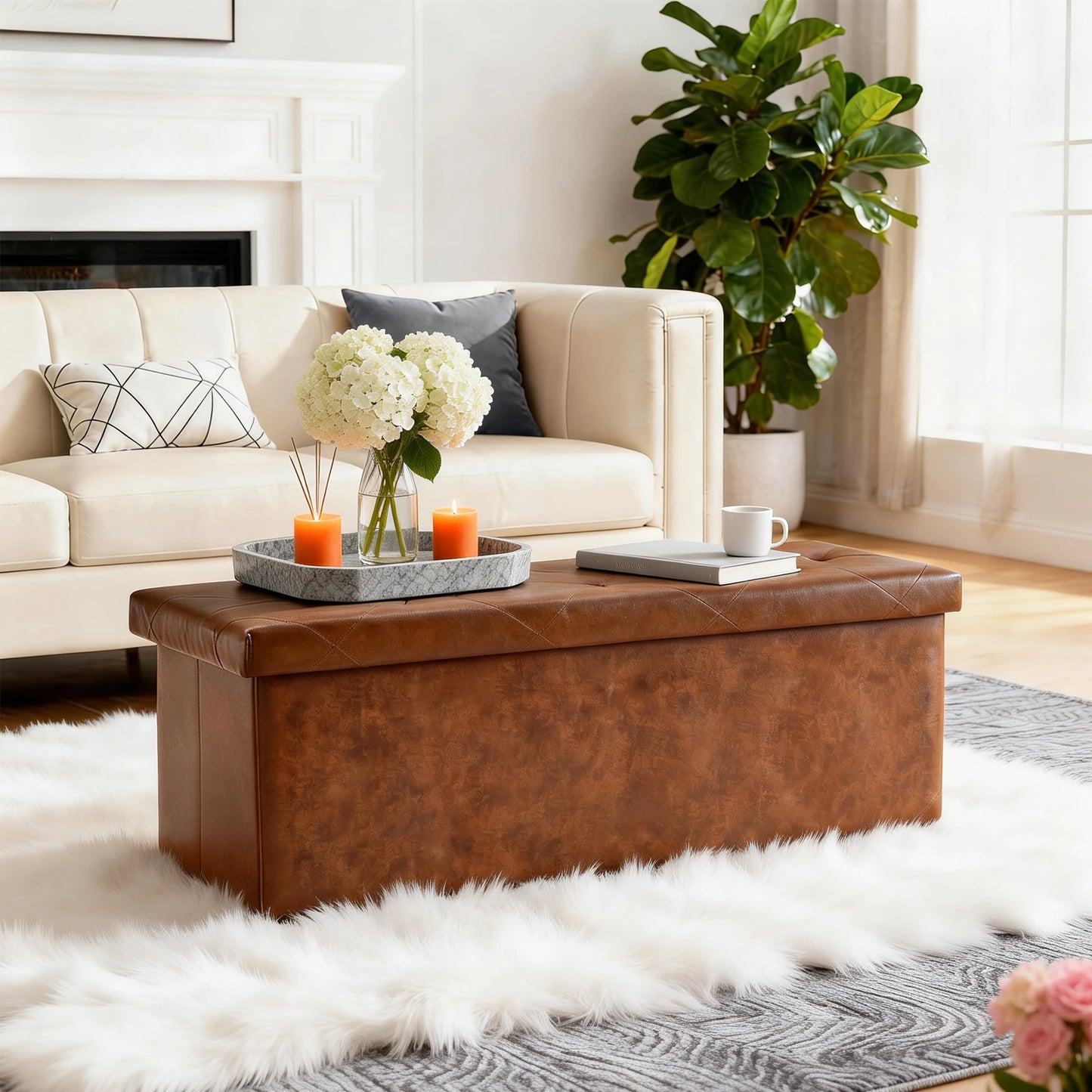 Tufted Faux Leather Storage Bench Ottoman With 400lb Capacity
