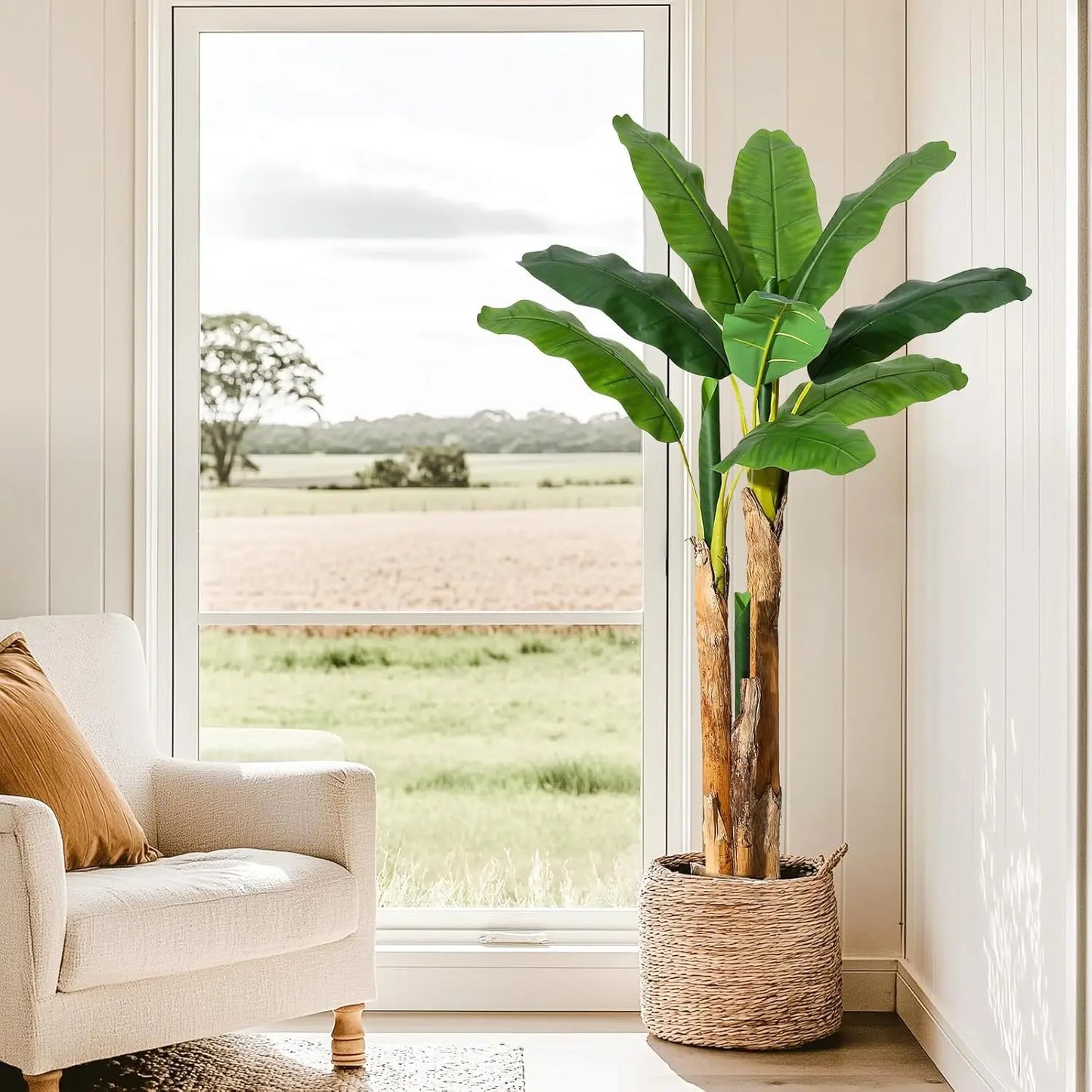 HiMISS Artificial Banana Tree In Grey Planter Faux Tropical Plant