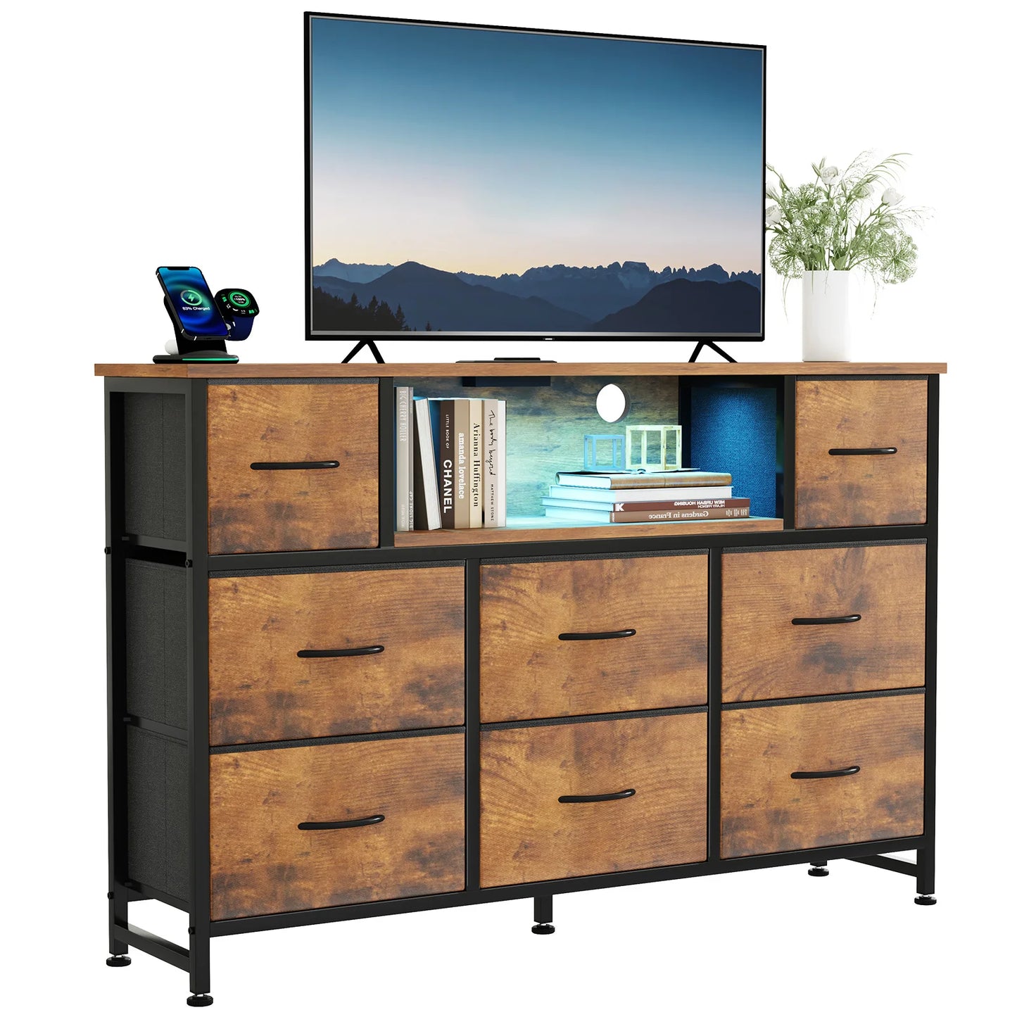 JHK LED TV Stand With Charging Station And Fabric Drawers