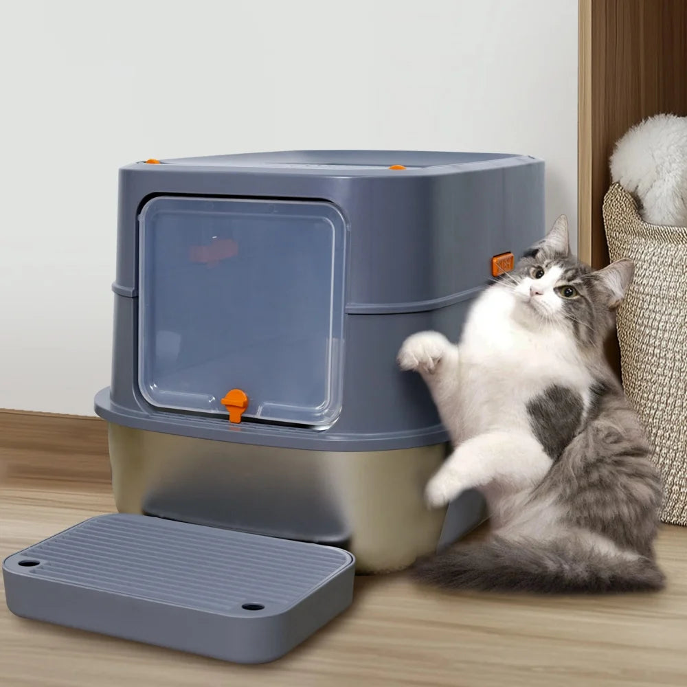 Stainless Steel Cat Litter Box Enclosed Tray With Removable Lid Scoop