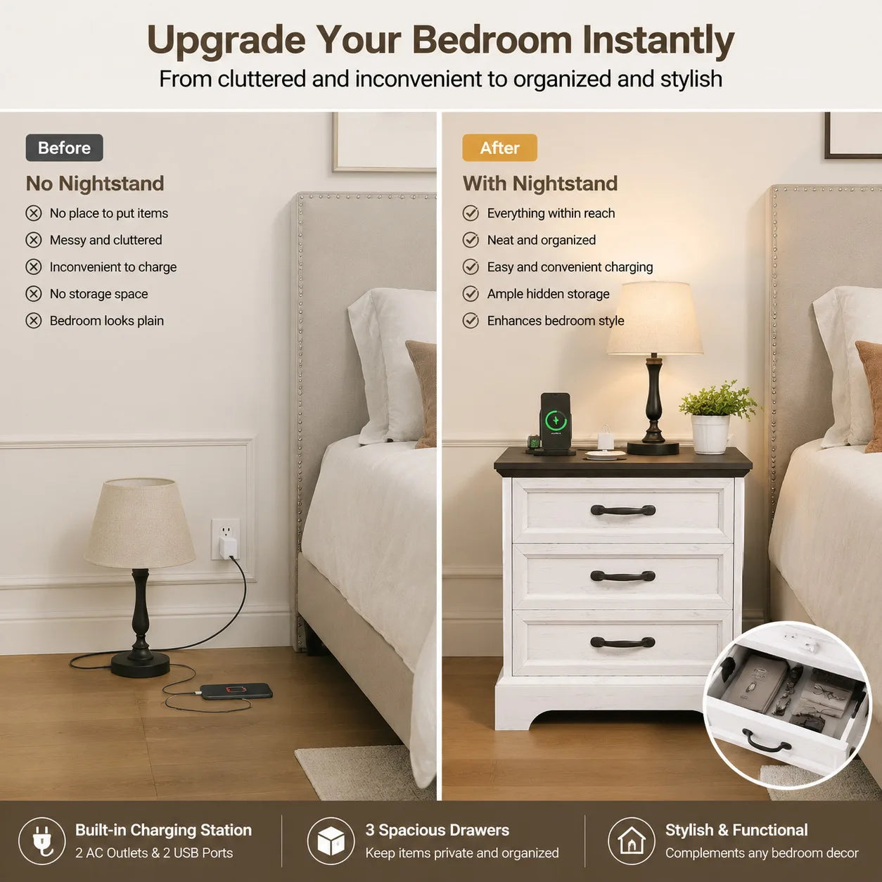 Modern Farmhouse Nightstand With Three Drawers And USB Charging