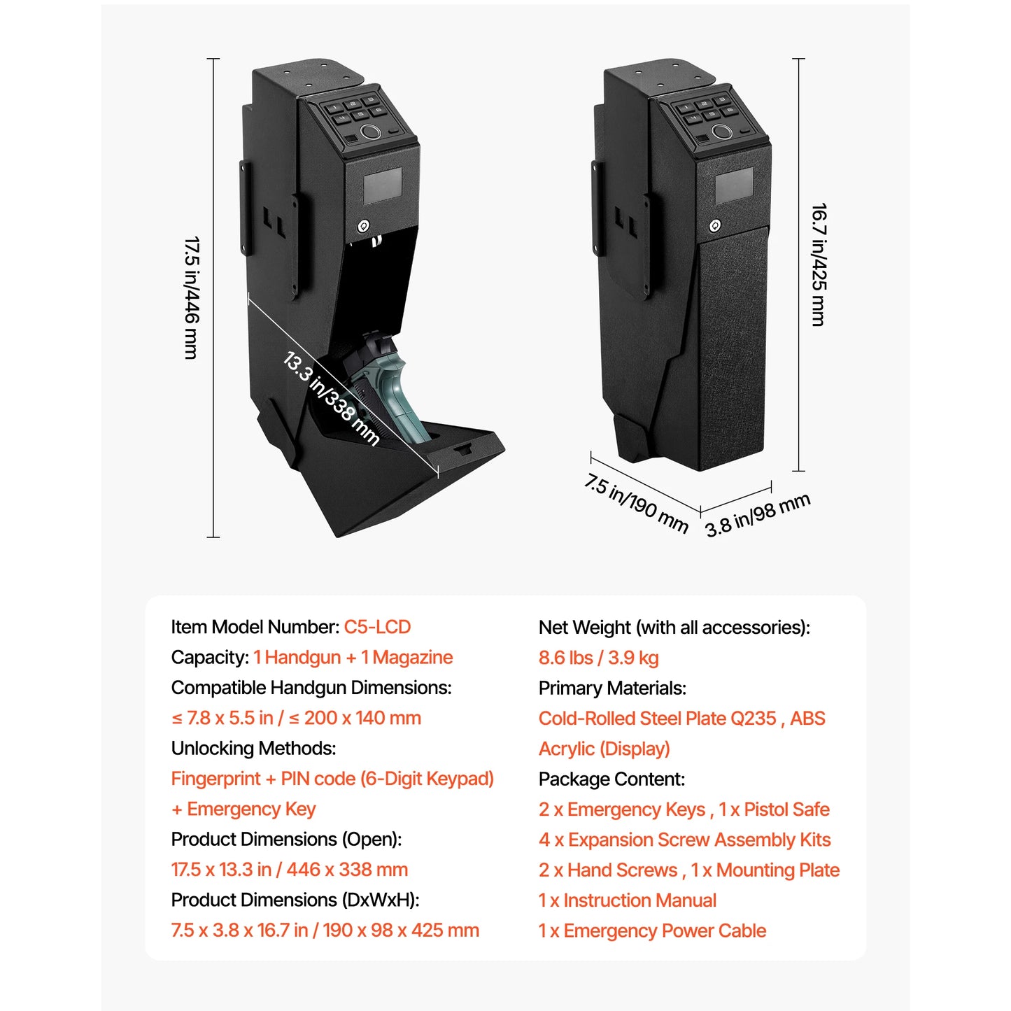 Gun Safe Slider With Biometric Fingerprint 3-Way Access LED