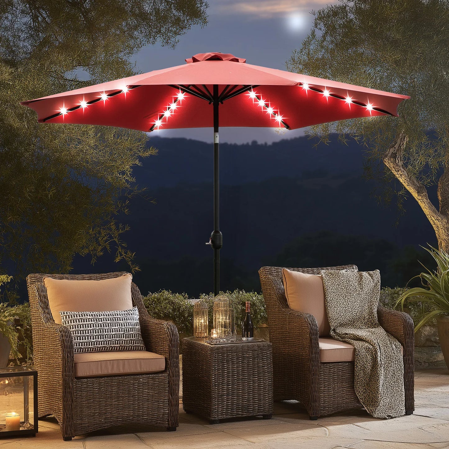 JHK Solar Patio Umbrella With 32 LED Lights Outdoor Shade