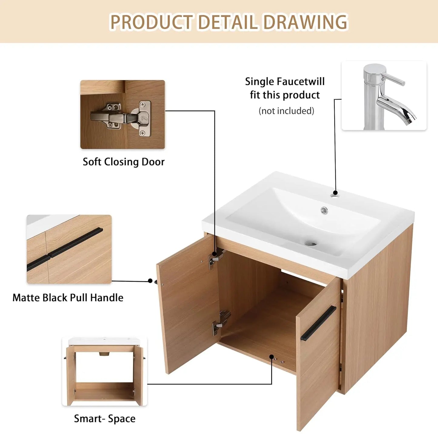 Floating Bathroom Vanity With Sink Wall Mounted Premium Plywood Construction