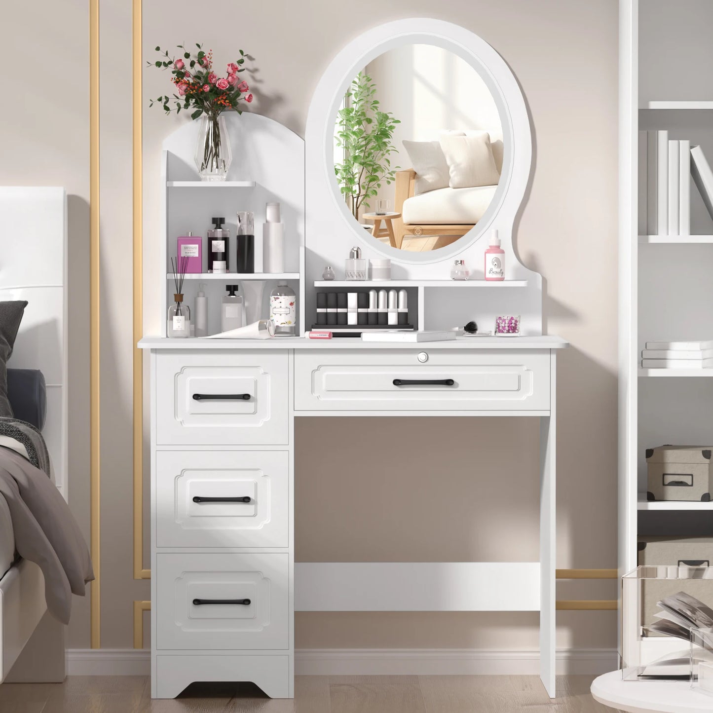 Modern Vanity Table With Mirror Lights And Four Drawers