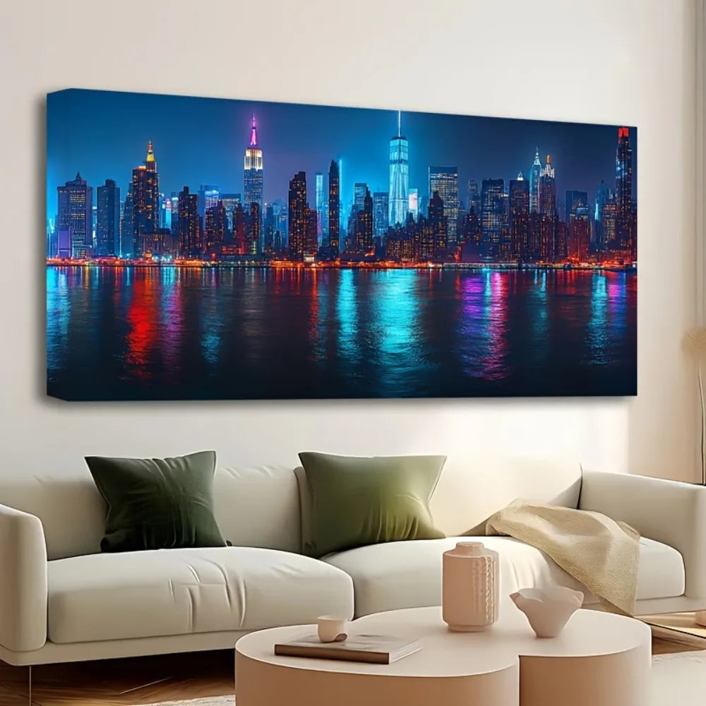 New York City Skyline Canvas Poster With Pine Frame
