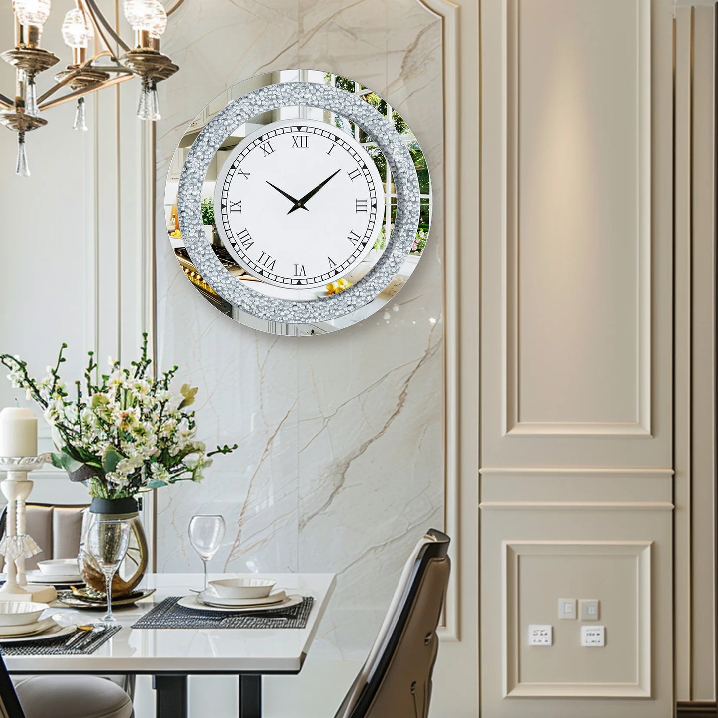 Mirrored Wall Clock With Crystal Sparkle Dial Living Room