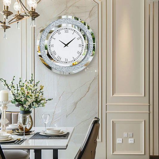 Round Mirror Wall Clock With Crystal Sparkle Accent