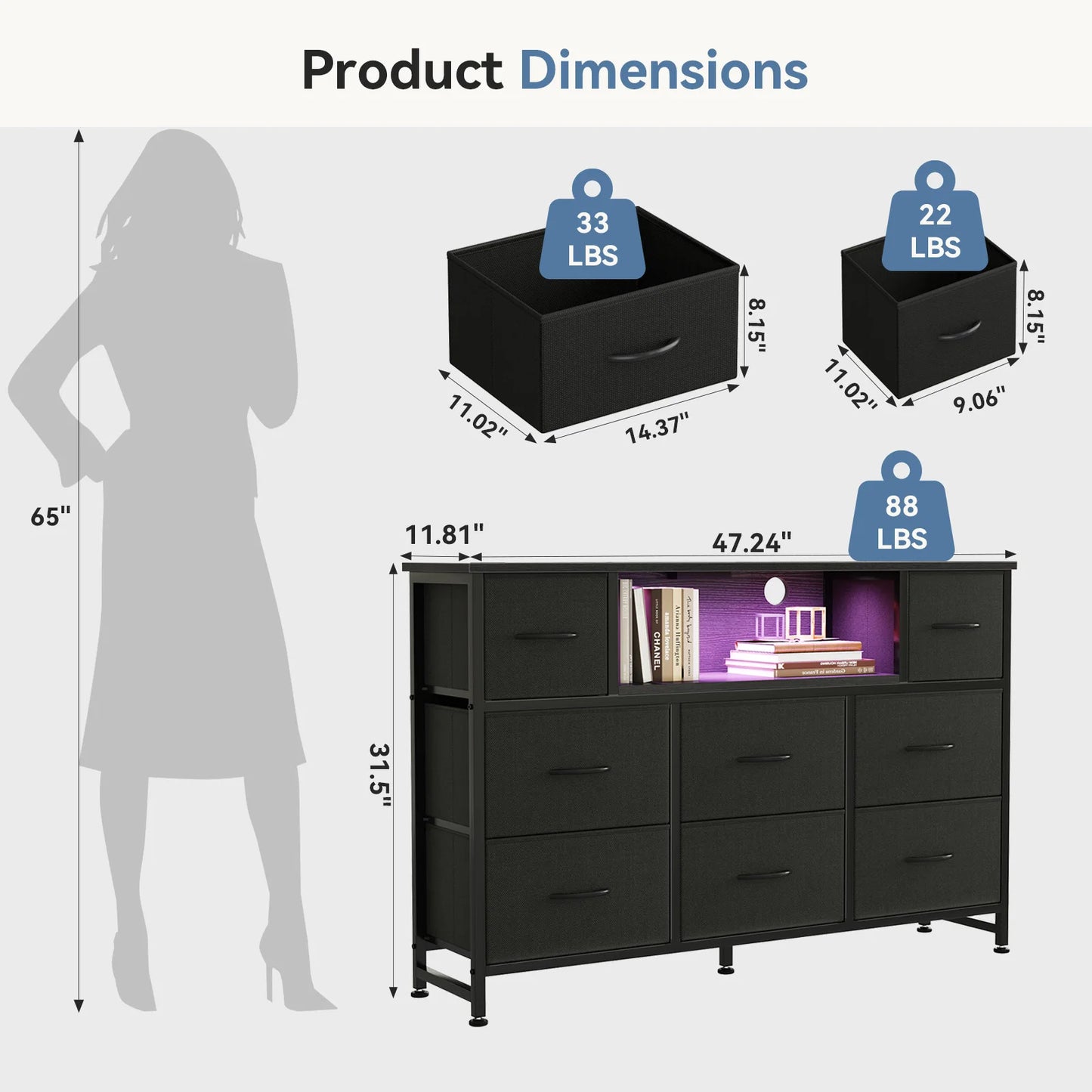 JHK LED TV Stand With Charging Station And Fabric Drawers