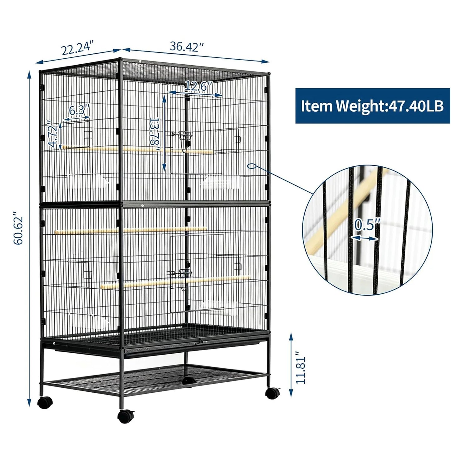 HiMISS Spacious Bird Cage With Rolling Stands And Feed Bowls