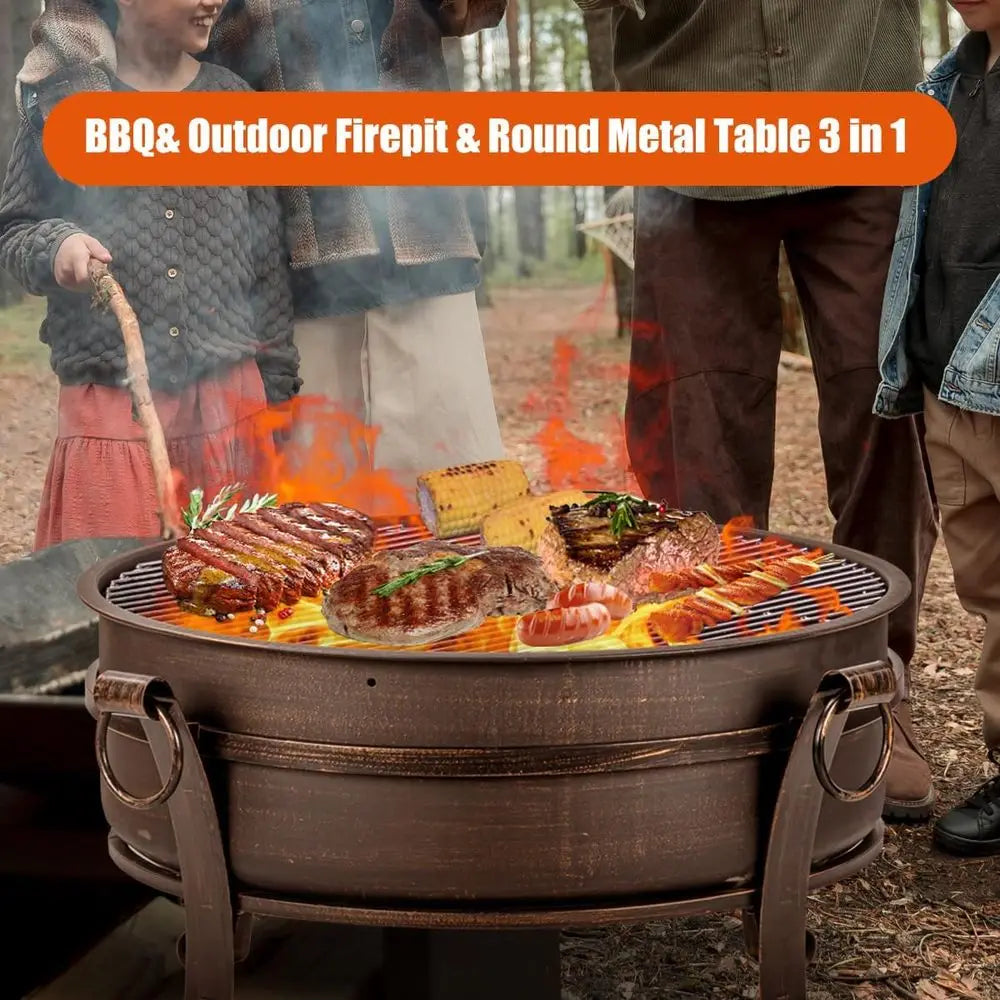Outdoor 3 In 1 Wood Burning Fire Pit Grill Table With Cover And Poker