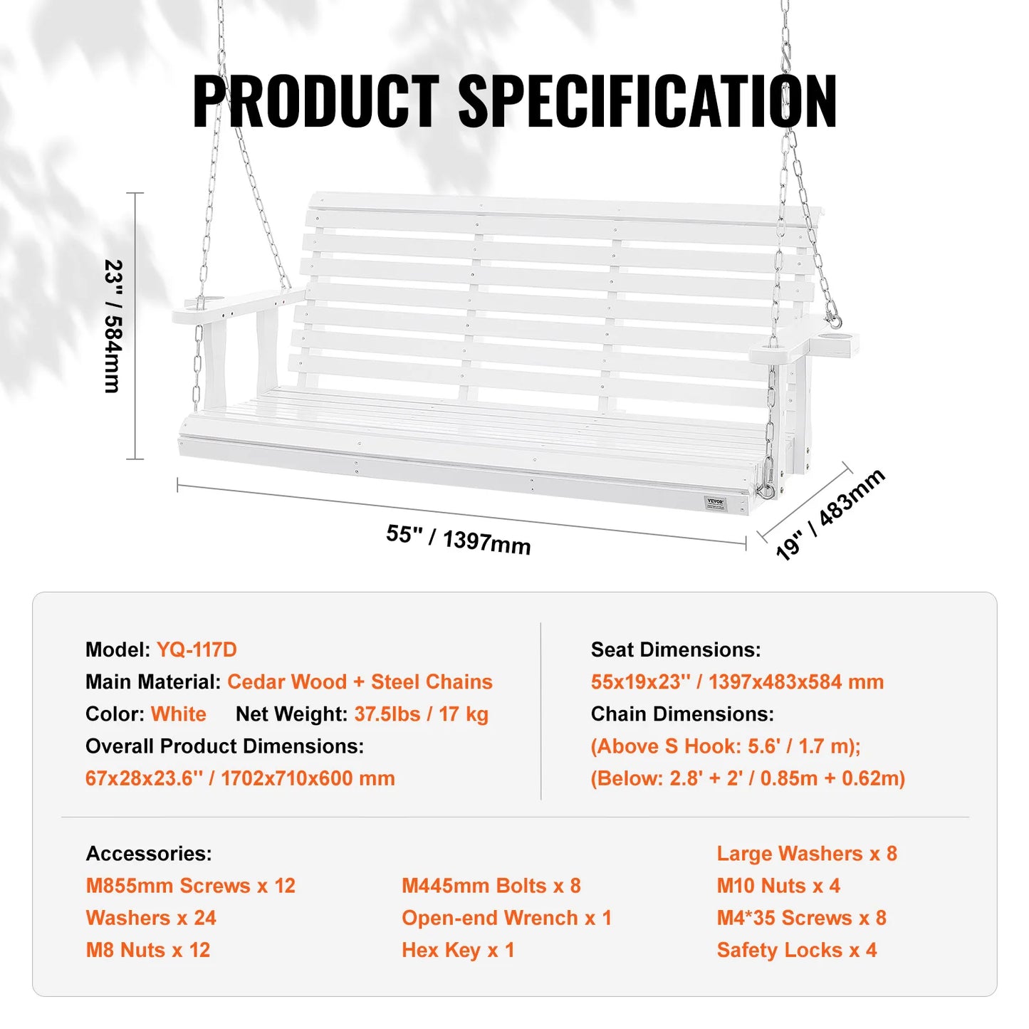SucceBuy Cedar Wood Porch Swing With Steel Chains