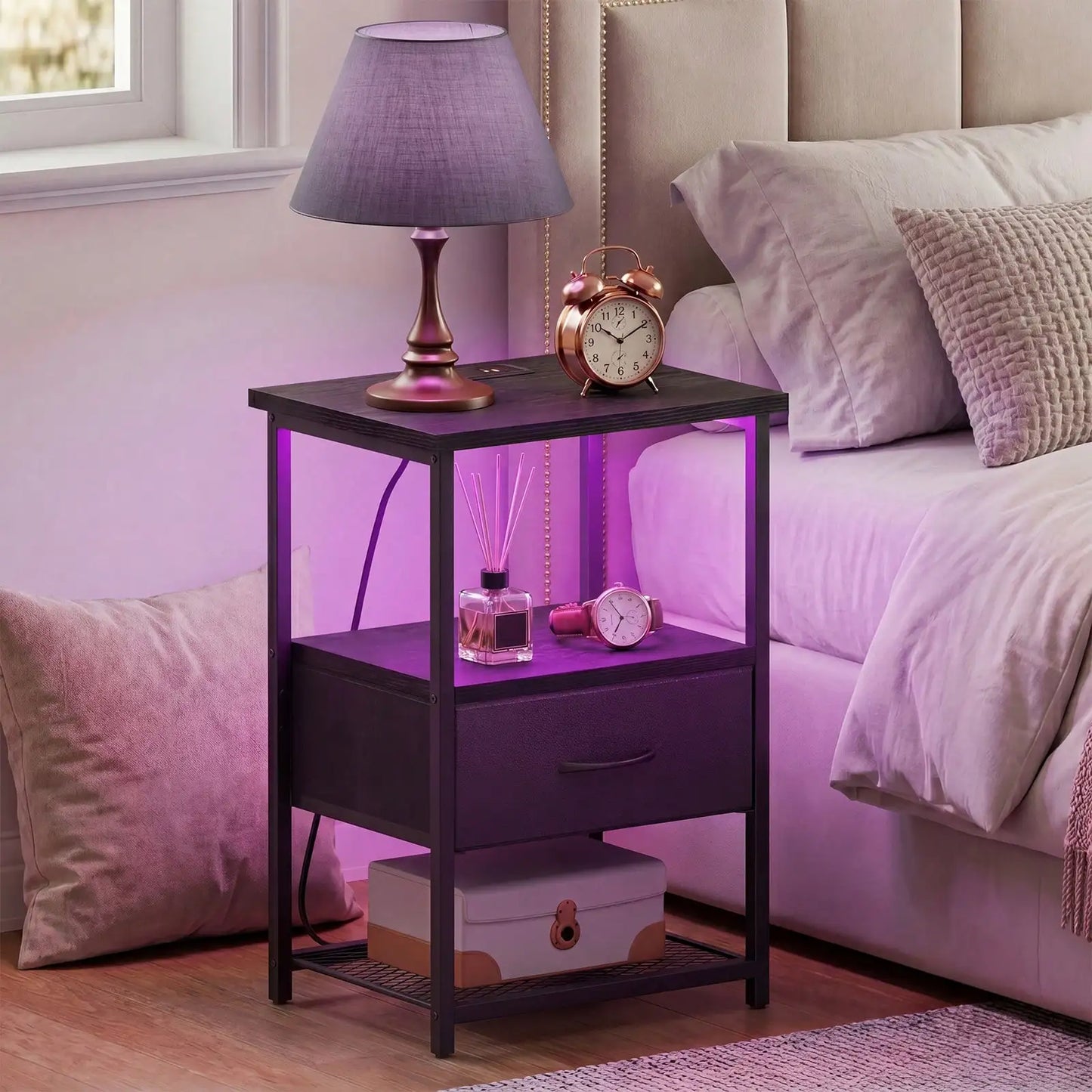 Bedside Table With Charging Station LED Nightstand