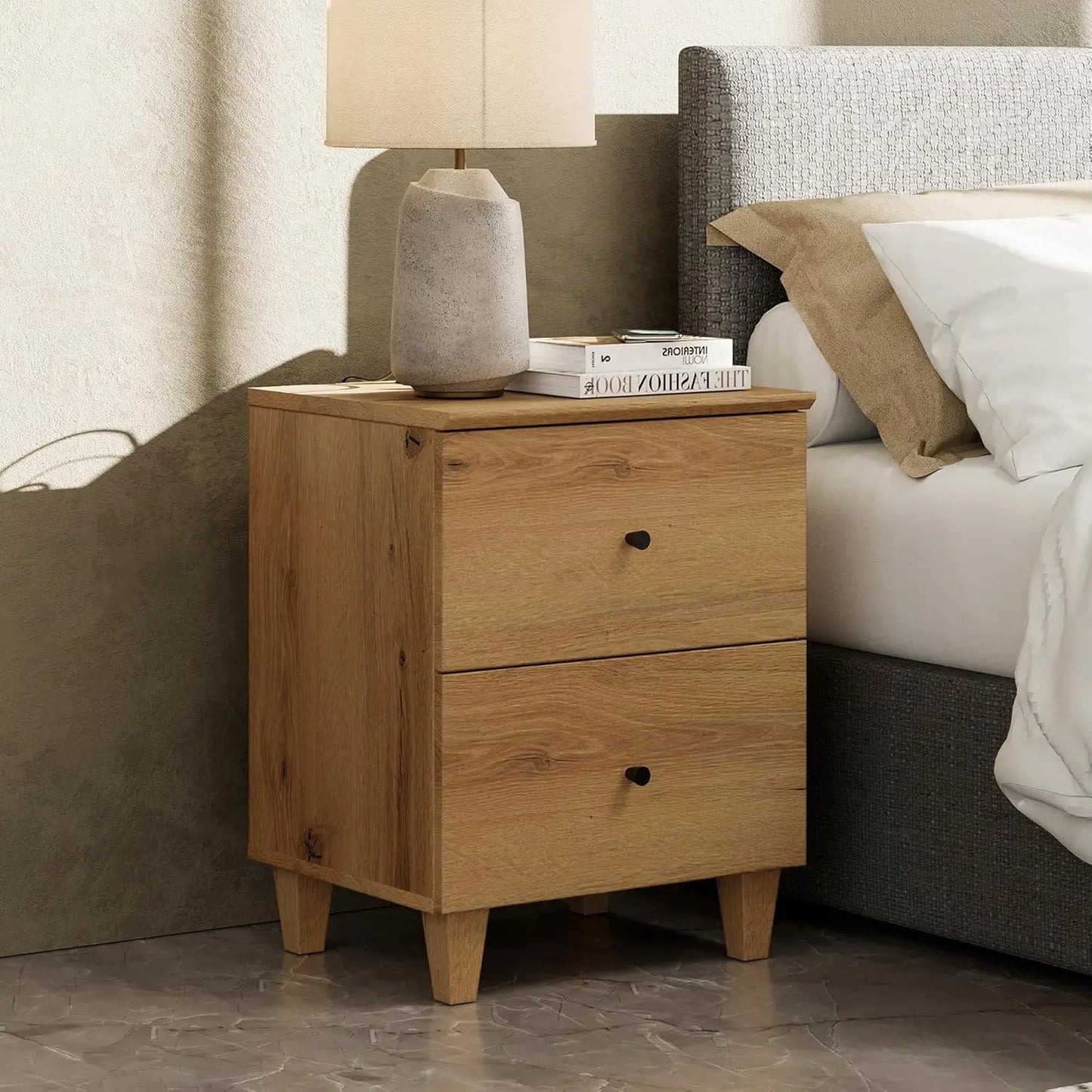 Nightstands With Charging Station and Two Drawers Modern Farmhouse Wood