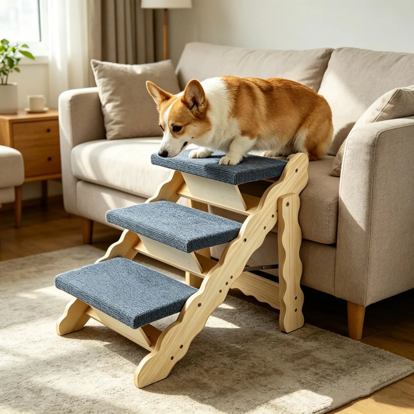 HiMISS 2 In 1 Collapsible Wooden Dog Stairs Ramp AntiSlip
