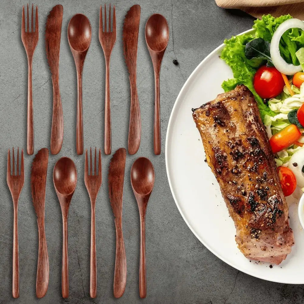 Wooden Utensil Set 12 Pieces Spoons Forks Knives Cutlery