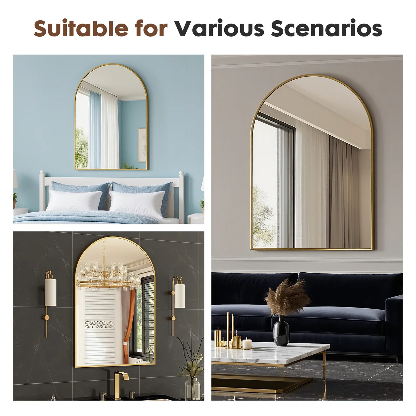 JHK Arched Glass Mirror For Wall Modern Framed Bathroom Decor