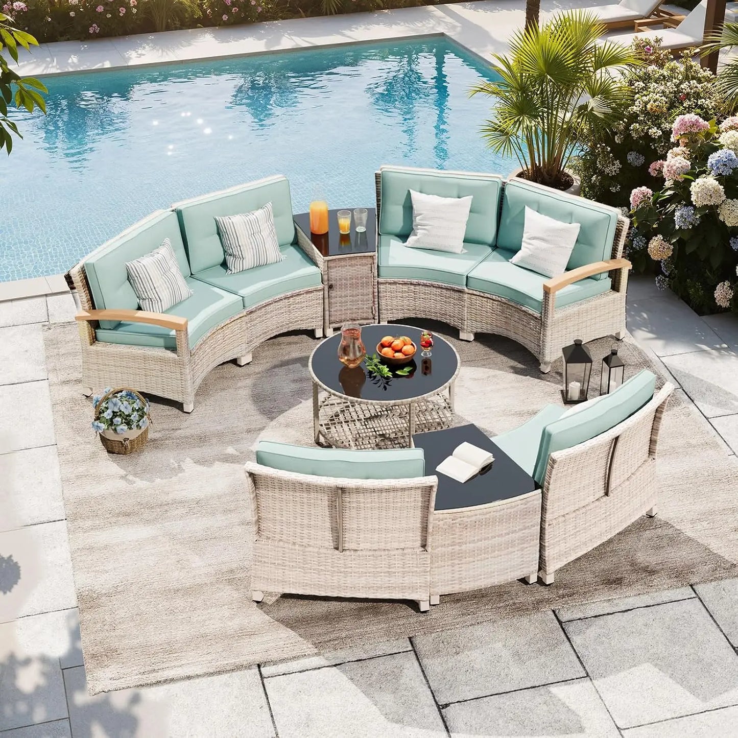 Outdoor 9-Piece Curved Patio Furniture Set With Wood Armrests