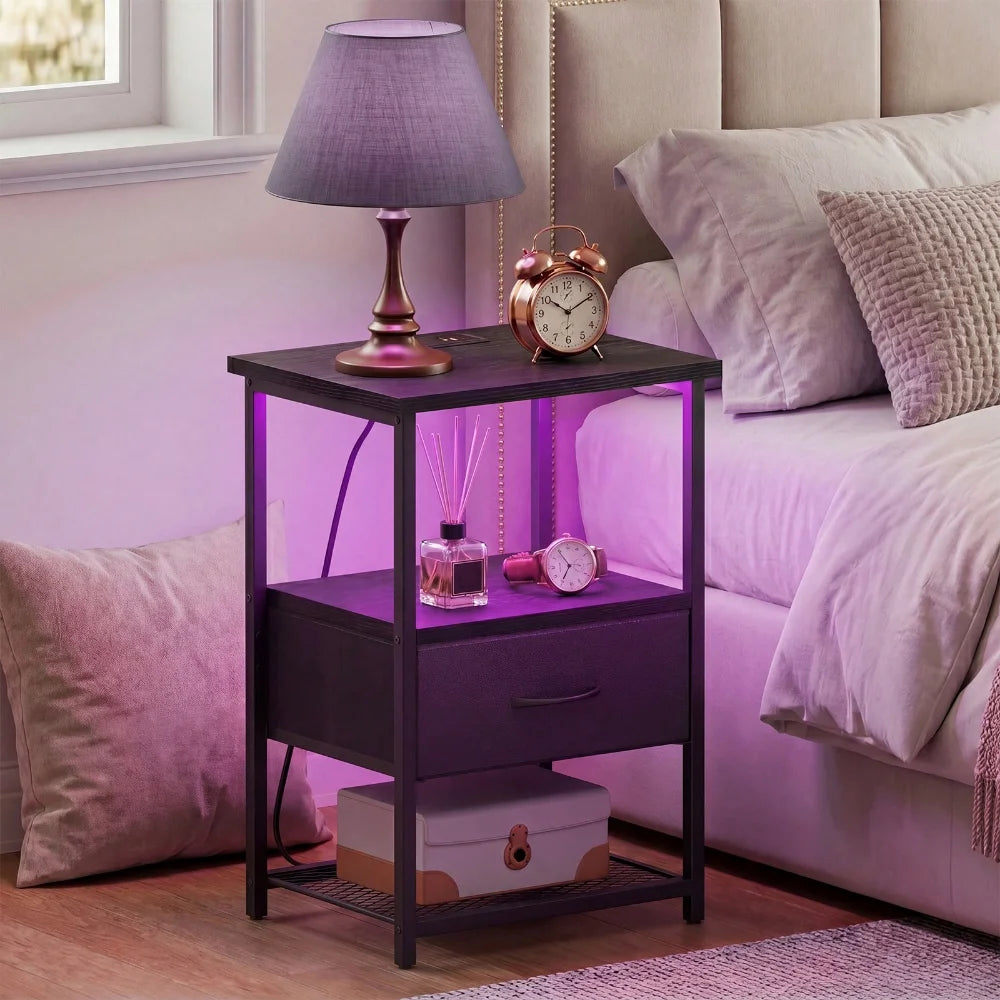 Bedside Table With Charging Station LED Nightstand